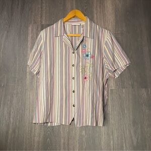 Alfred Dunner Striped Button Front Top Floral Embroidery Size 16